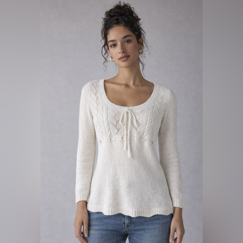 Y2K Cream Lace Knit Babydoll Sweater Angora Blend Tie Waist Cottagecore XS